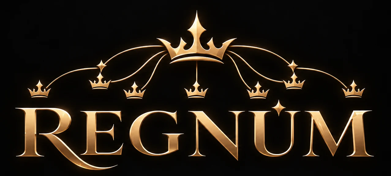 REGNUM amblemi: altın taçlar ve dallarla bağlanmış serif wordmark